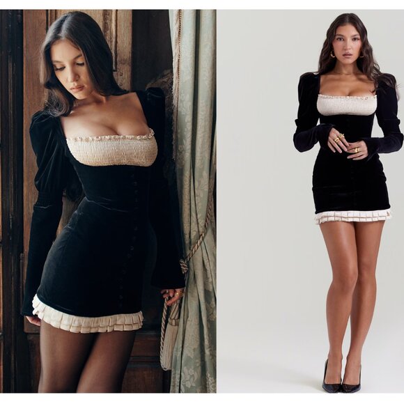 HOUSE OF CB size M 'Azaria' Black & Vintage Cream Mini Dress NWOT - Picture 3 of 16